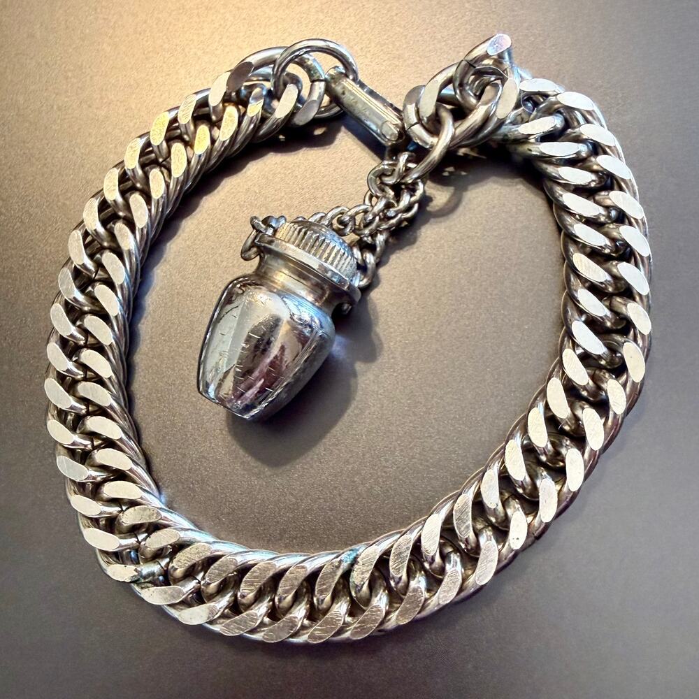Vintage Heavy Chain Link Perfume Pot Silver Tone Bracelet